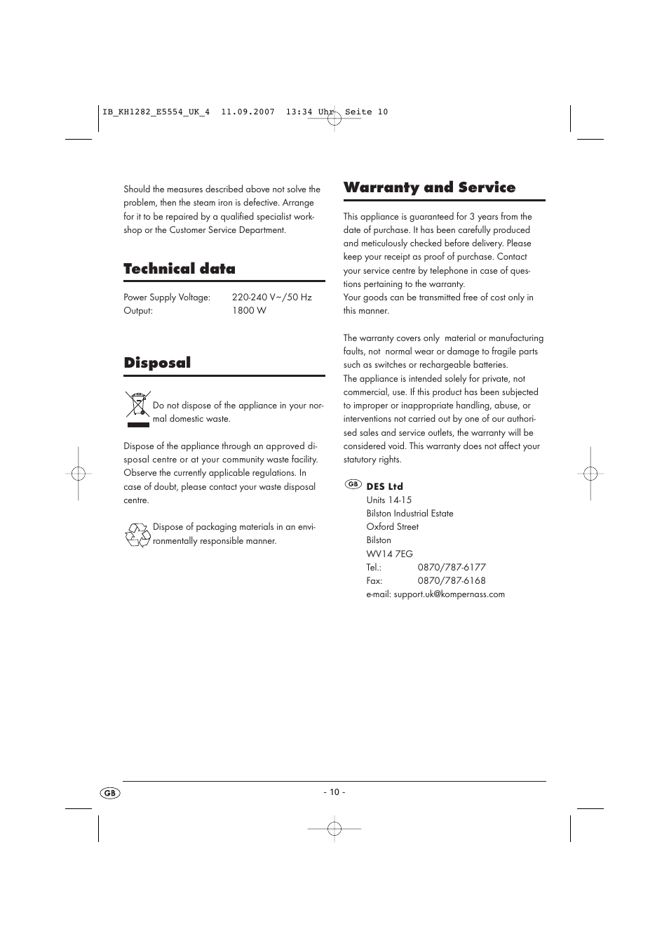 Technical data, Disposal, Warranty and service | Kompernass KH 1282 User Manual | Page 10 / 76