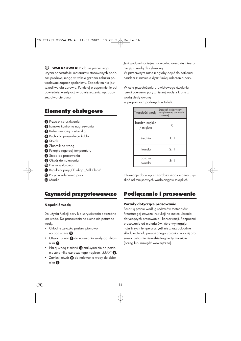 Elementy obsługowe, Czynności przygotowawcze, Podłączanie i prasowanie | Kompernass KH 1282 User Manual | Page 16 / 76