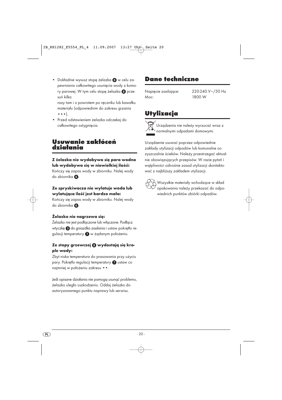 Usuwanie zakłóceń działania, Dane techniczne, Utylizacja | Kompernass KH 1282 User Manual | Page 20 / 76