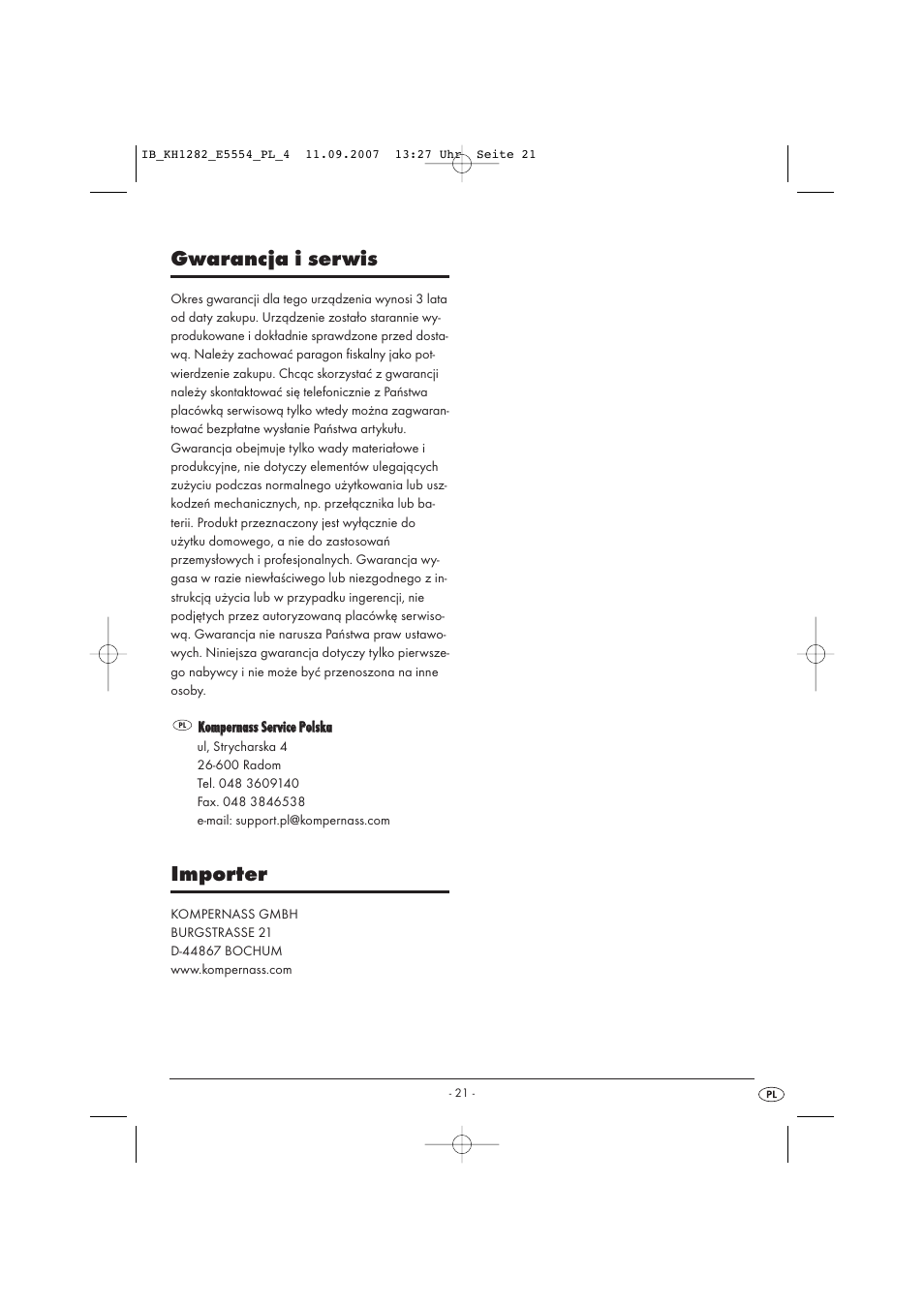 Gwarancja i serwis, Importer | Kompernass KH 1282 User Manual | Page 21 / 76