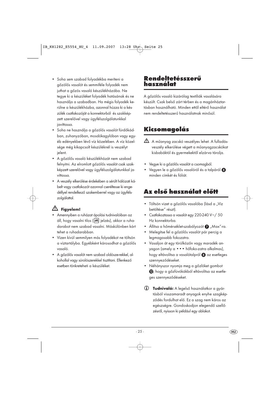 Rendeltetésszerű használat, Kicsomagolás, Az első használat előtt | Kompernass KH 1282 User Manual | Page 25 / 76