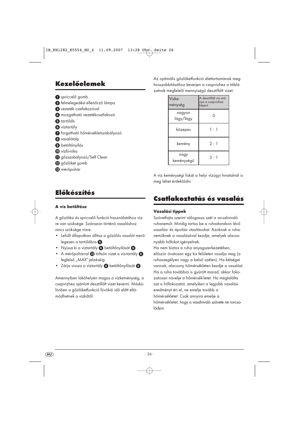 Kezelőelemek, Előkészítés, Csatlakoztatás és vasalás | Kompernass KH 1282 User Manual | Page 26 / 76