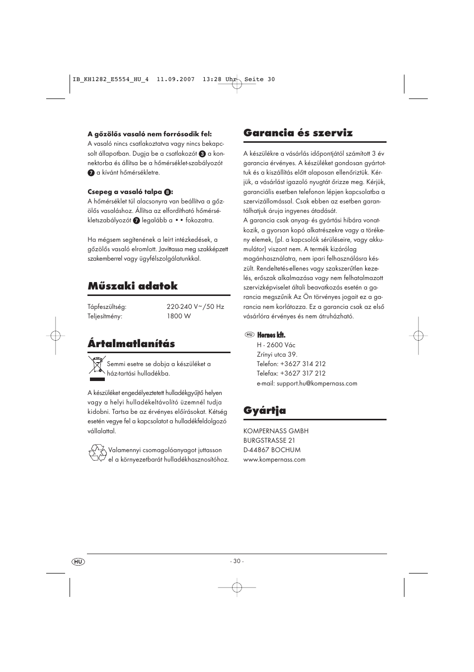 Műszaki adatok, Ártalmatlanítás, Garancia és szerviz | Gyártja | Kompernass KH 1282 User Manual | Page 30 / 76