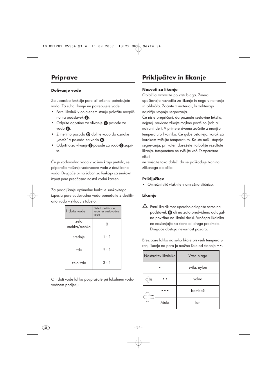 Priprave, Priključitev in likanje | Kompernass KH 1282 User Manual | Page 34 / 76