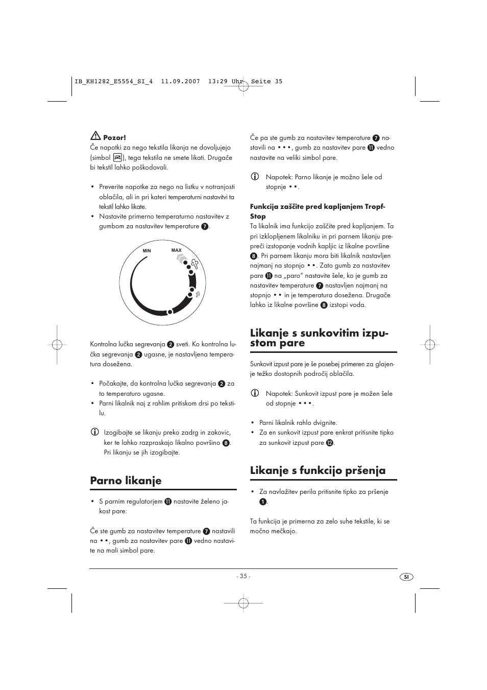 Parno likanje, Likanje s sunkovitim izpu- stom pare, Likanje s funkcijo pršenja | Kompernass KH 1282 User Manual | Page 35 / 76