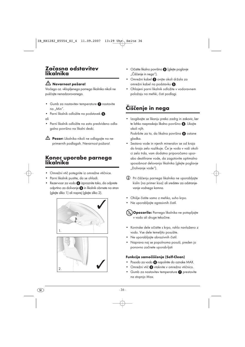 Začasna odstavitev likalnika ƽ, Konec uporabe parnega likalnika, Čiščenje in nega | Kompernass KH 1282 User Manual | Page 36 / 76