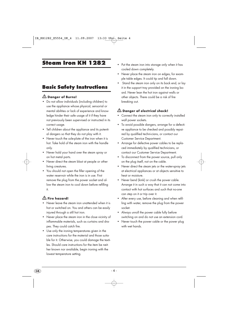 Steam iron kh 1282, Basic safety instructions | Kompernass KH 1282 User Manual | Page 4 / 76