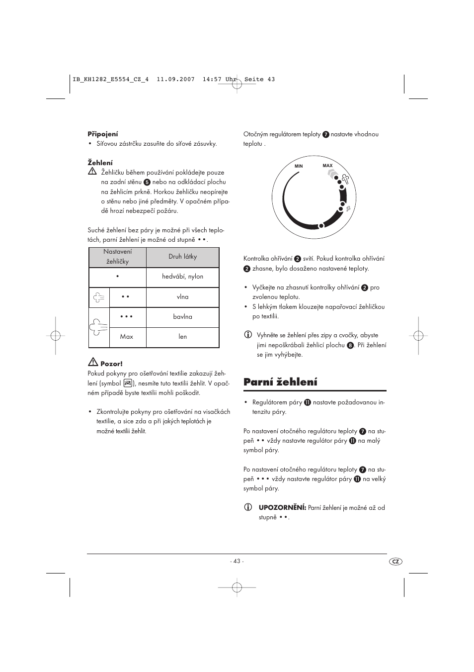 Parní žehlení | Kompernass KH 1282 User Manual | Page 43 / 76