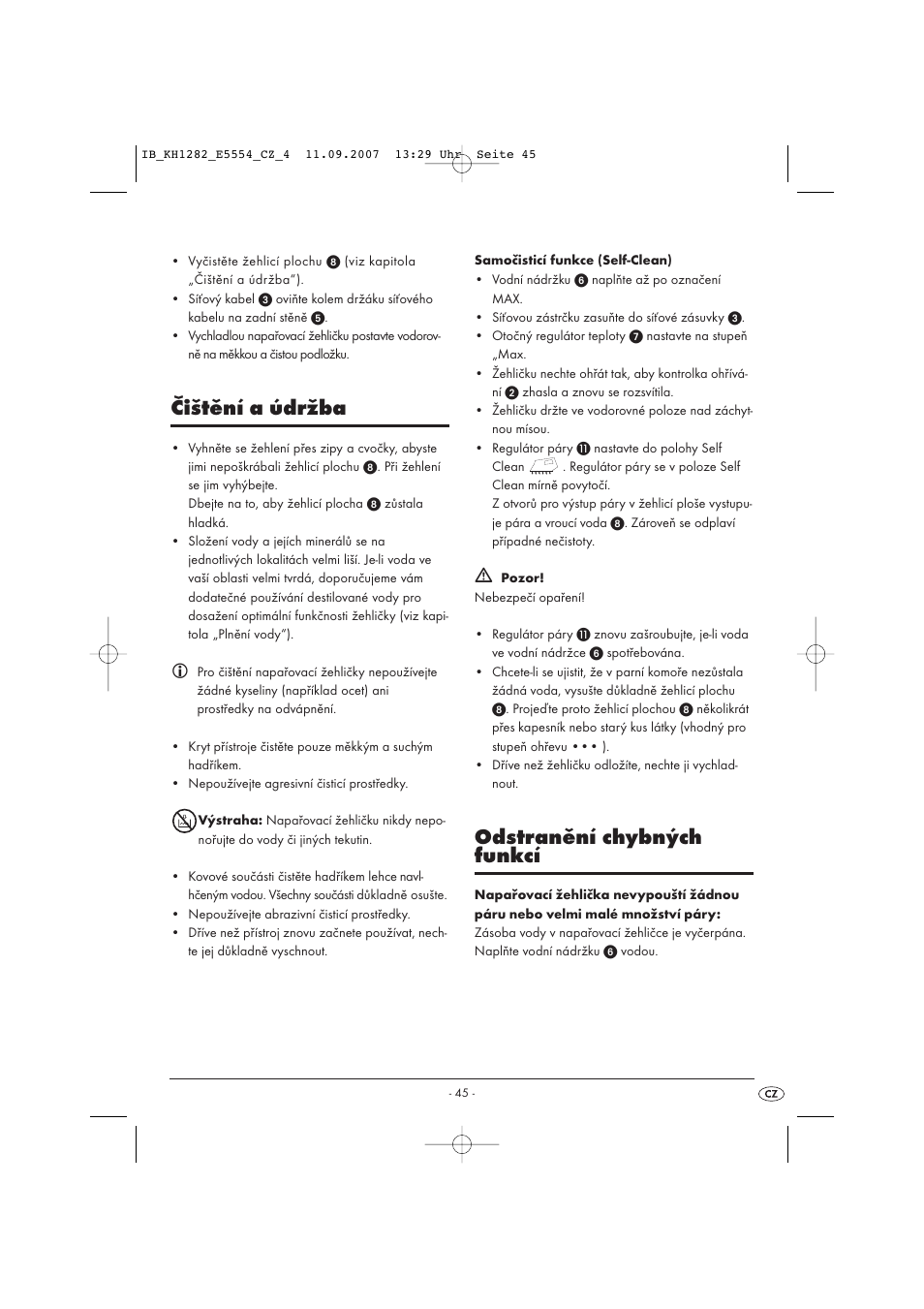 Čištění a údržba, Odstranění chybných funkcí | Kompernass KH 1282 User Manual | Page 45 / 76