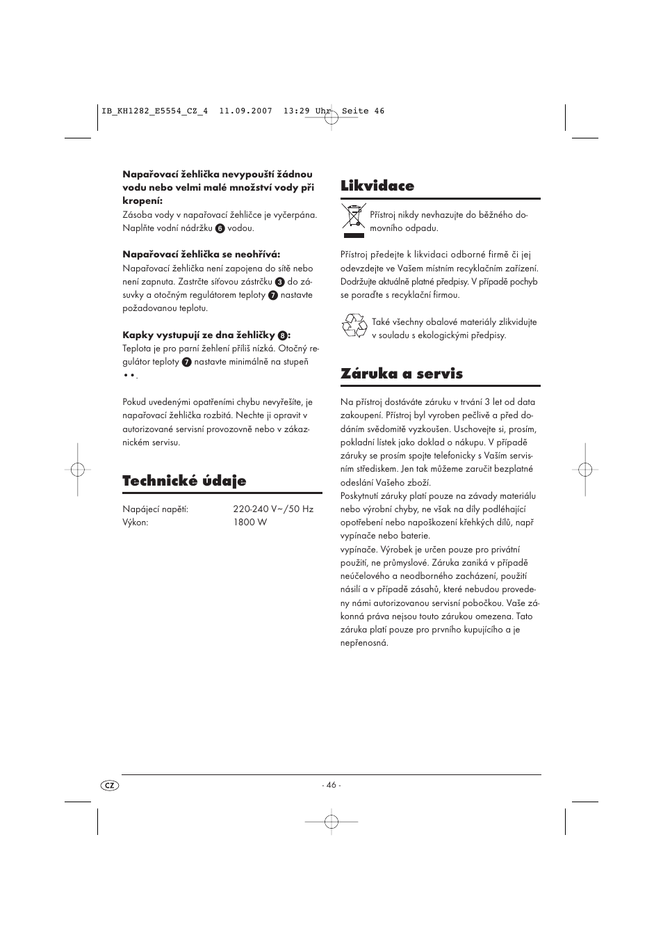 Technické údaje, Likvidace, Záruka a servis | Kompernass KH 1282 User Manual | Page 46 / 76