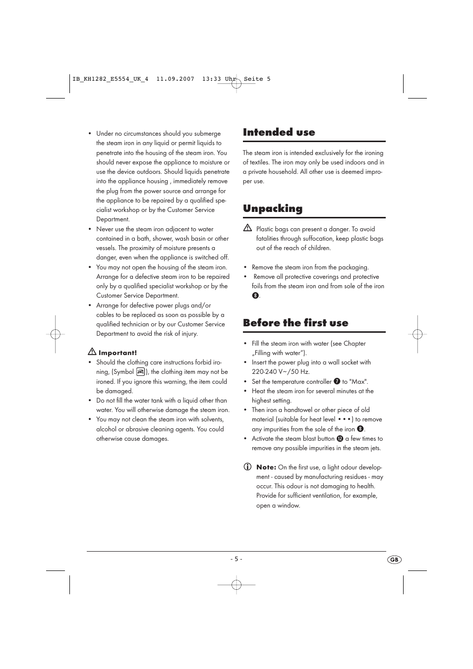 Intended use, Unpacking, Before the first use | Kompernass KH 1282 User Manual | Page 5 / 76