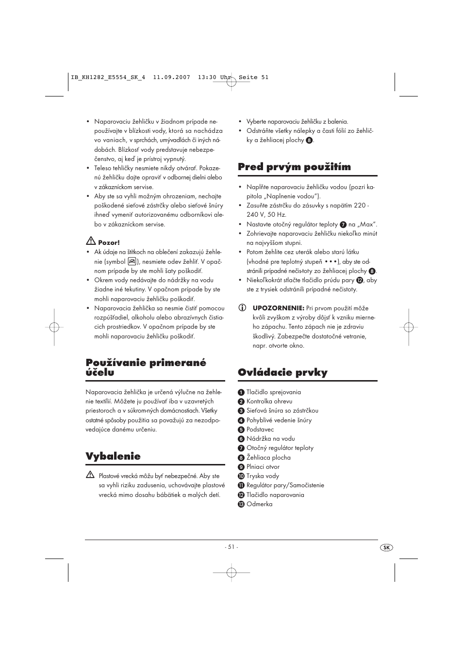 Používanie primerané účelu, Vybalenie, Pred prvým použitím | Ovládacie prvky | Kompernass KH 1282 User Manual | Page 51 / 76
