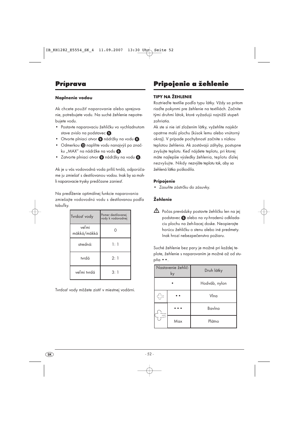 Príprava, Pripojenie a žehlenie | Kompernass KH 1282 User Manual | Page 52 / 76