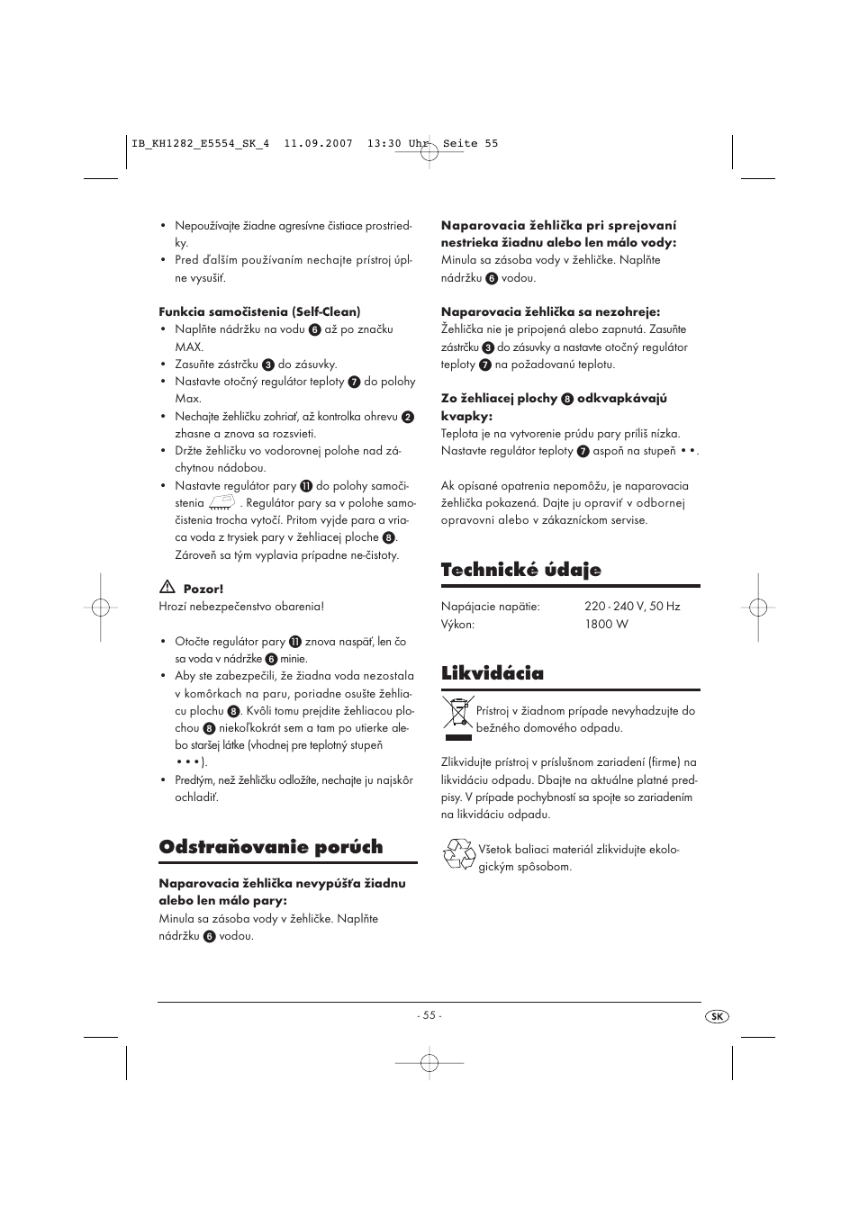Odstraňovanie porúch, Technické údaje, Likvidácia | Kompernass KH 1282 User Manual | Page 55 / 76