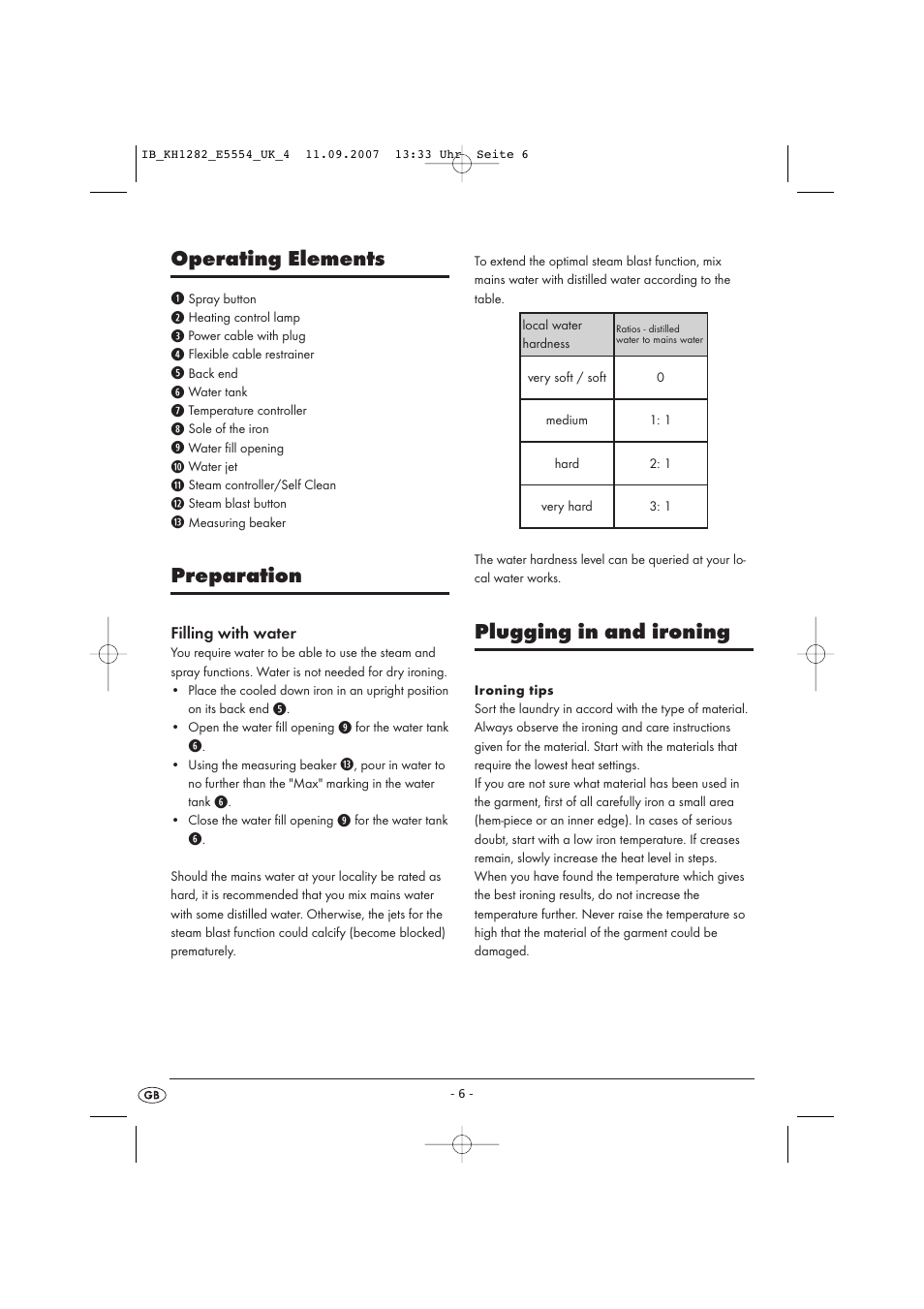 Operating elements, Preparation, Plugging in and ironing | Kompernass KH 1282 User Manual | Page 6 / 76