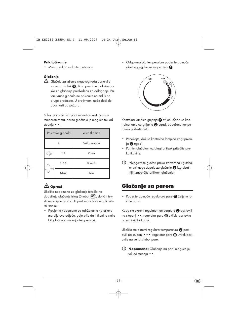 Glačanje sa parom | Kompernass KH 1282 User Manual | Page 61 / 76