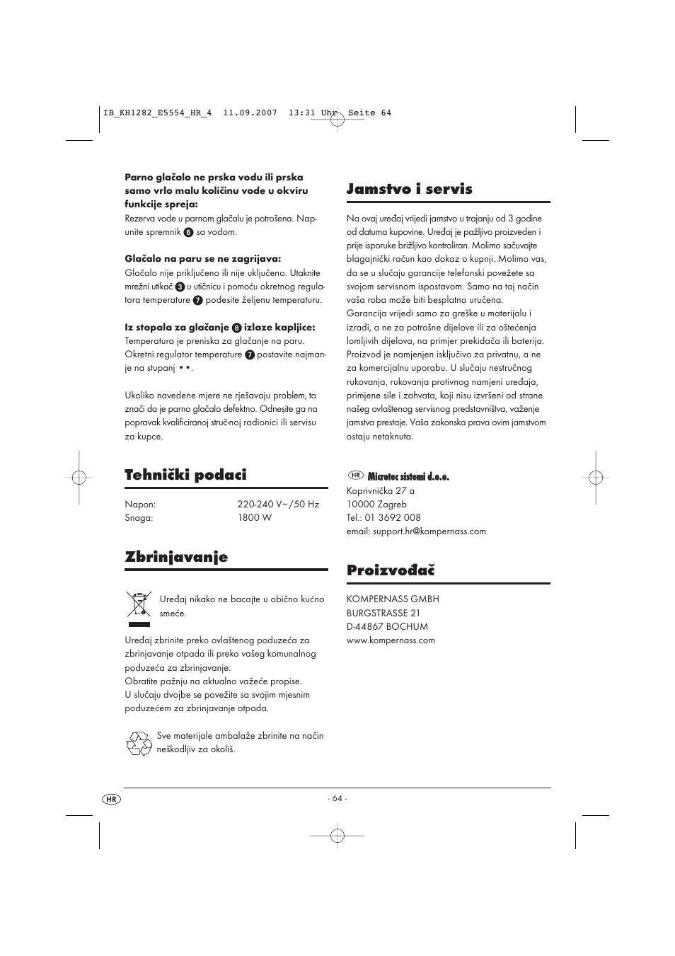 Tehnički podaci, Zbrinjavanje, Jamstvo i servis | Proizvođač | Kompernass KH 1282 User Manual | Page 64 / 76