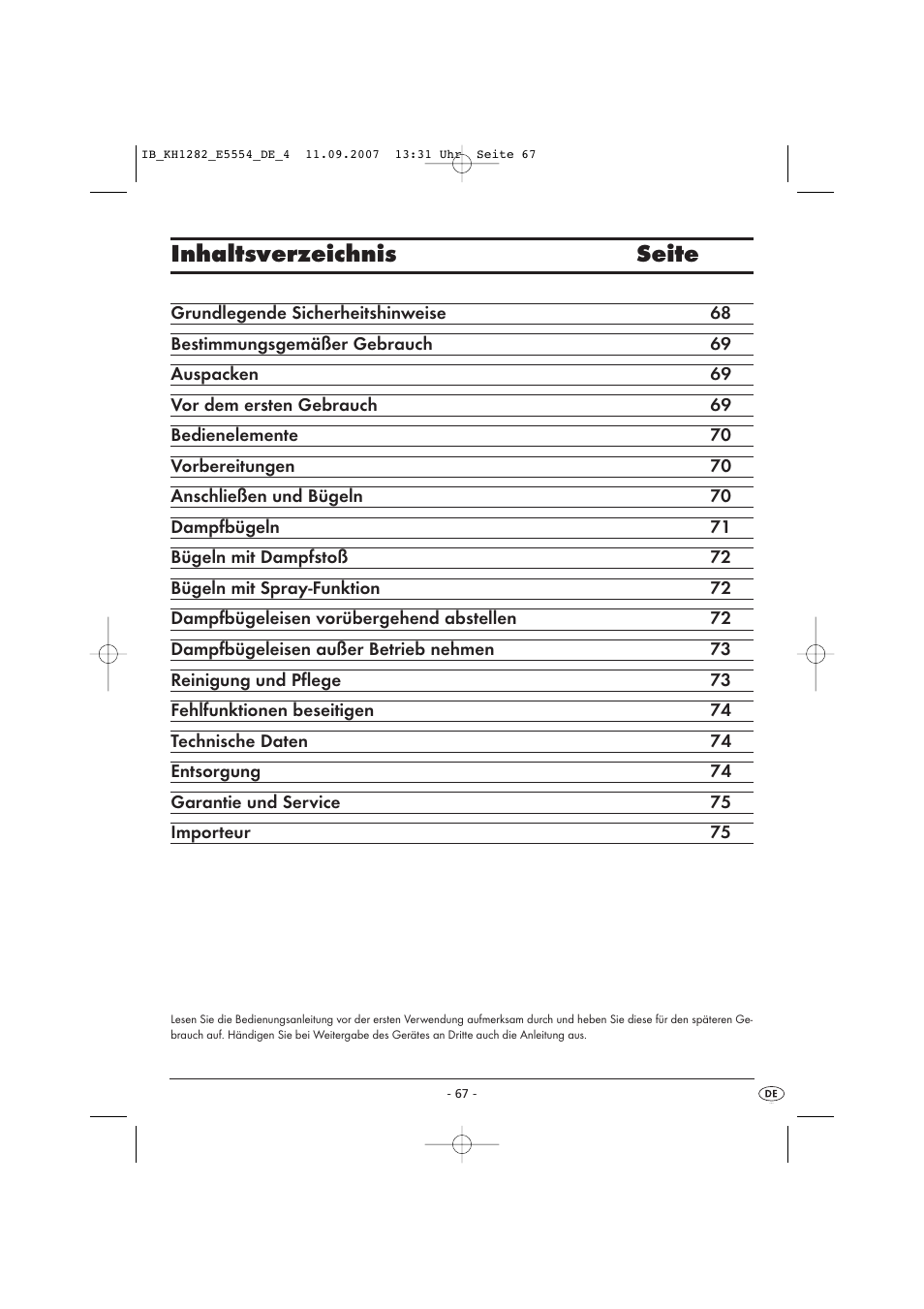 Inhaltsverzeichnis seite | Kompernass KH 1282 User Manual | Page 67 / 76