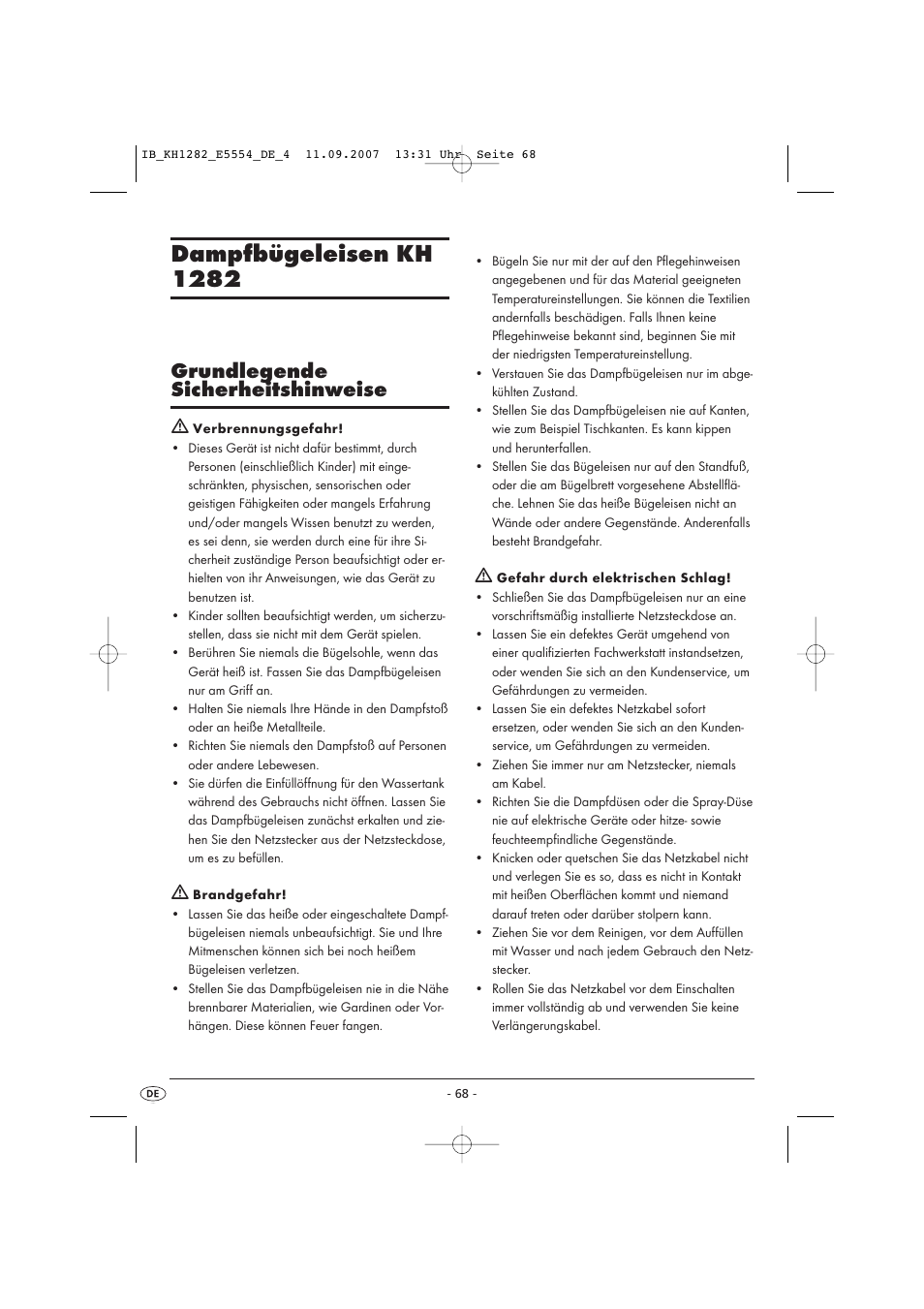 Dampfbügeleisen kh 1282, Grundlegende sicherheitshinweise | Kompernass KH 1282 User Manual | Page 68 / 76