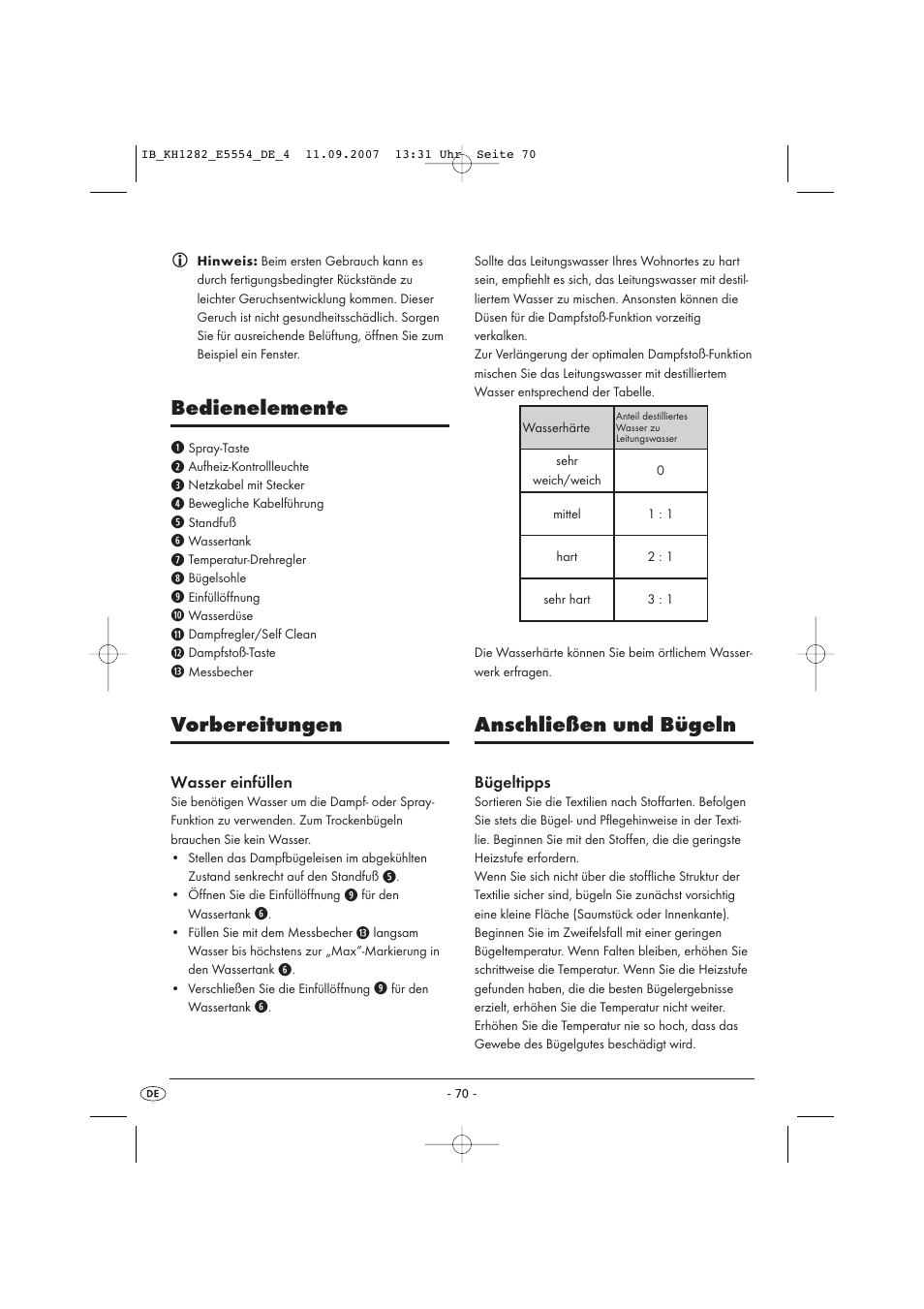 Bedienelemente, Vorbereitungen, Anschließen und bügeln | Kompernass KH 1282 User Manual | Page 70 / 76