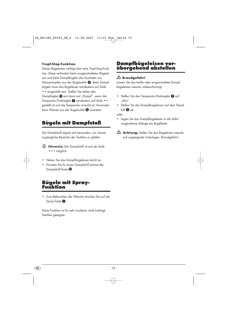 Bügeln mit dampfstoß, Bügeln mit spray- funktion, Dampfbügeleisen vor- übergehend abstellen | Kompernass KH 1282 User Manual | Page 72 / 76