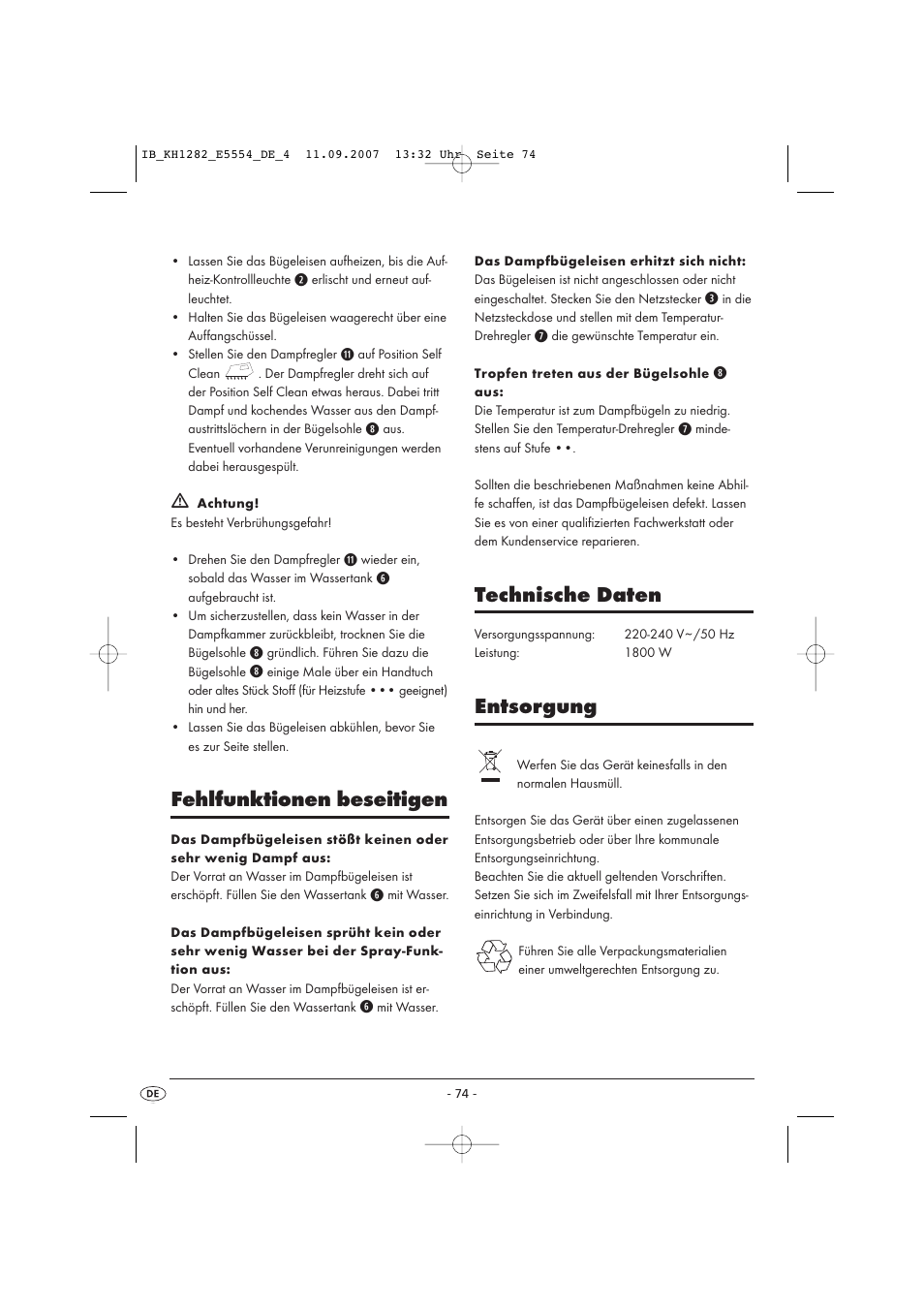 Fehlfunktionen beseitigen, Technische daten, Entsorgung | Kompernass KH 1282 User Manual | Page 74 / 76