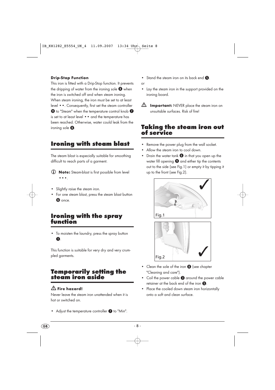 Ironing with steam blast, Ironing with the spray function, Temporarily setting the steam iron aside | Taking the steam iron out of service | Kompernass KH 1282 User Manual | Page 8 / 76
