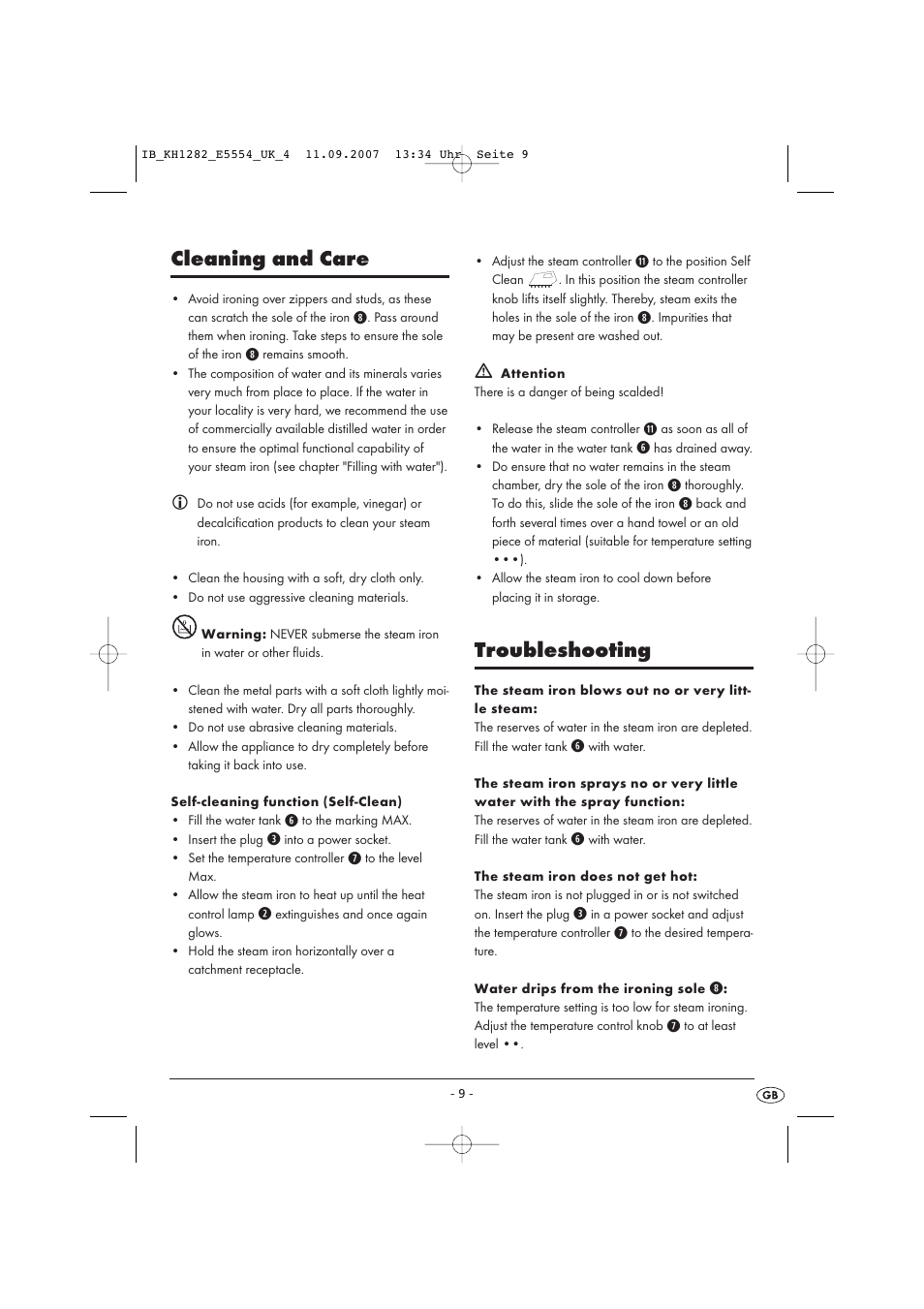 Cleaning and care, Troubleshooting | Kompernass KH 1282 User Manual | Page 9 / 76
