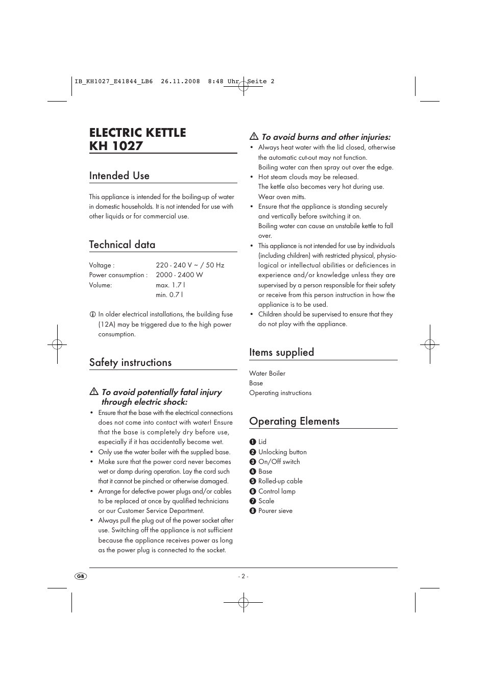 Electric kettle kh 1027, Intended use, Technical data | Safety instructions, Items supplied, Operating elements | Kompernass KH 1027 User Manual | Page 4 / 8