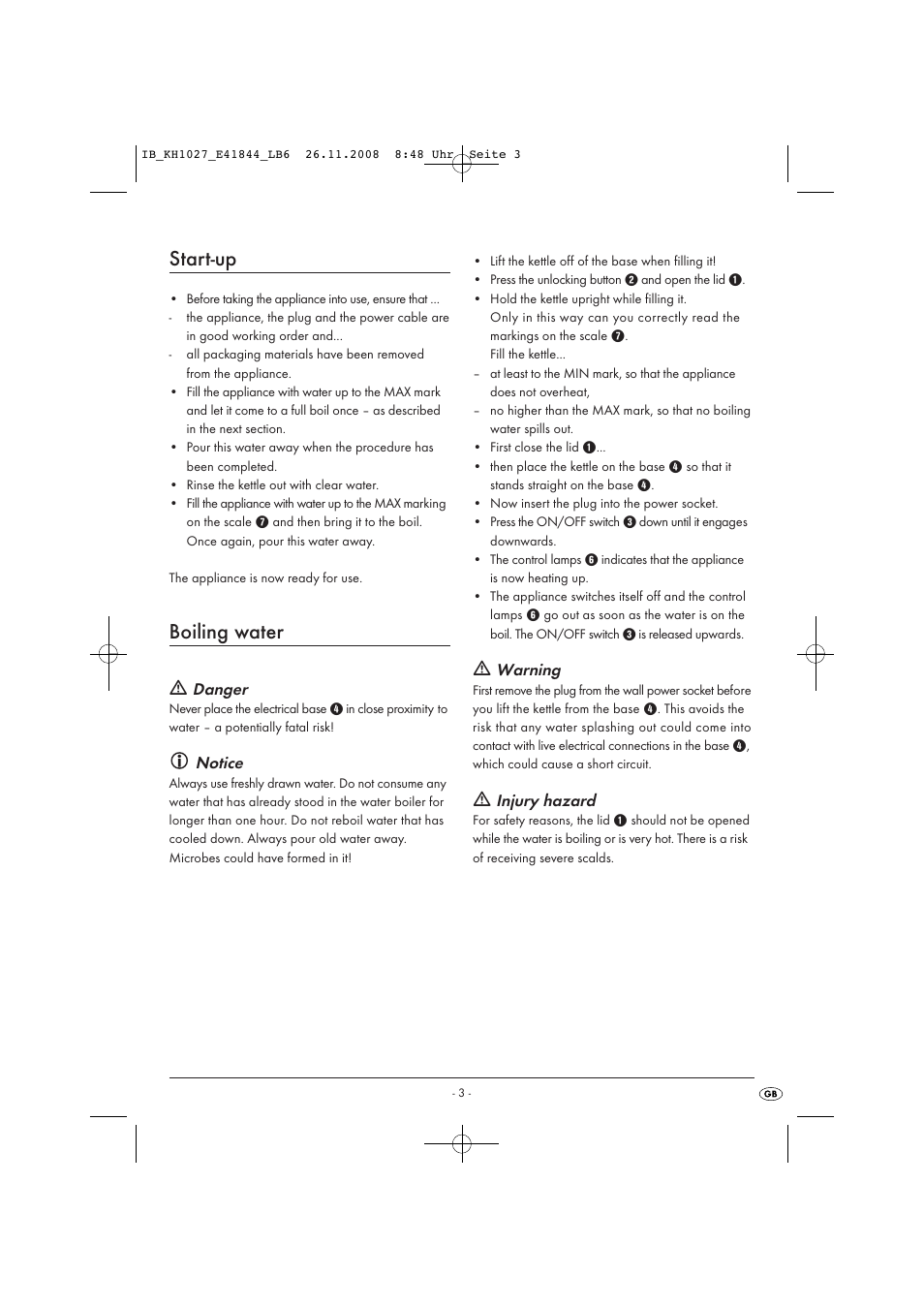 Start-up, Boiling water | Kompernass KH 1027 User Manual | Page 5 / 8
