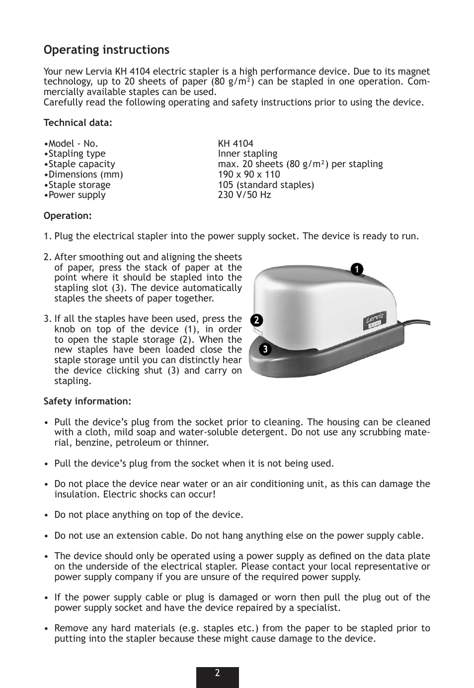 Operating instructions | Kompernass KH 4104 User Manual | Page 2 / 4