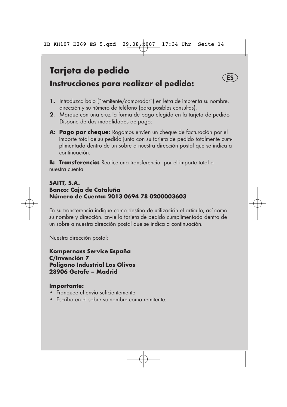 Tarjeta de pedido, Instrucciones para realizar el pedido | Kompernass KH 107 User Manual | Page 14 / 52