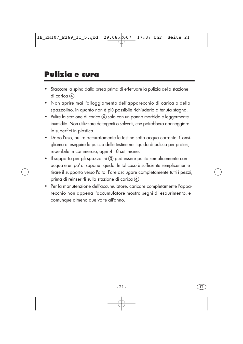 Pulizia e cura | Kompernass KH 107 User Manual | Page 21 / 52