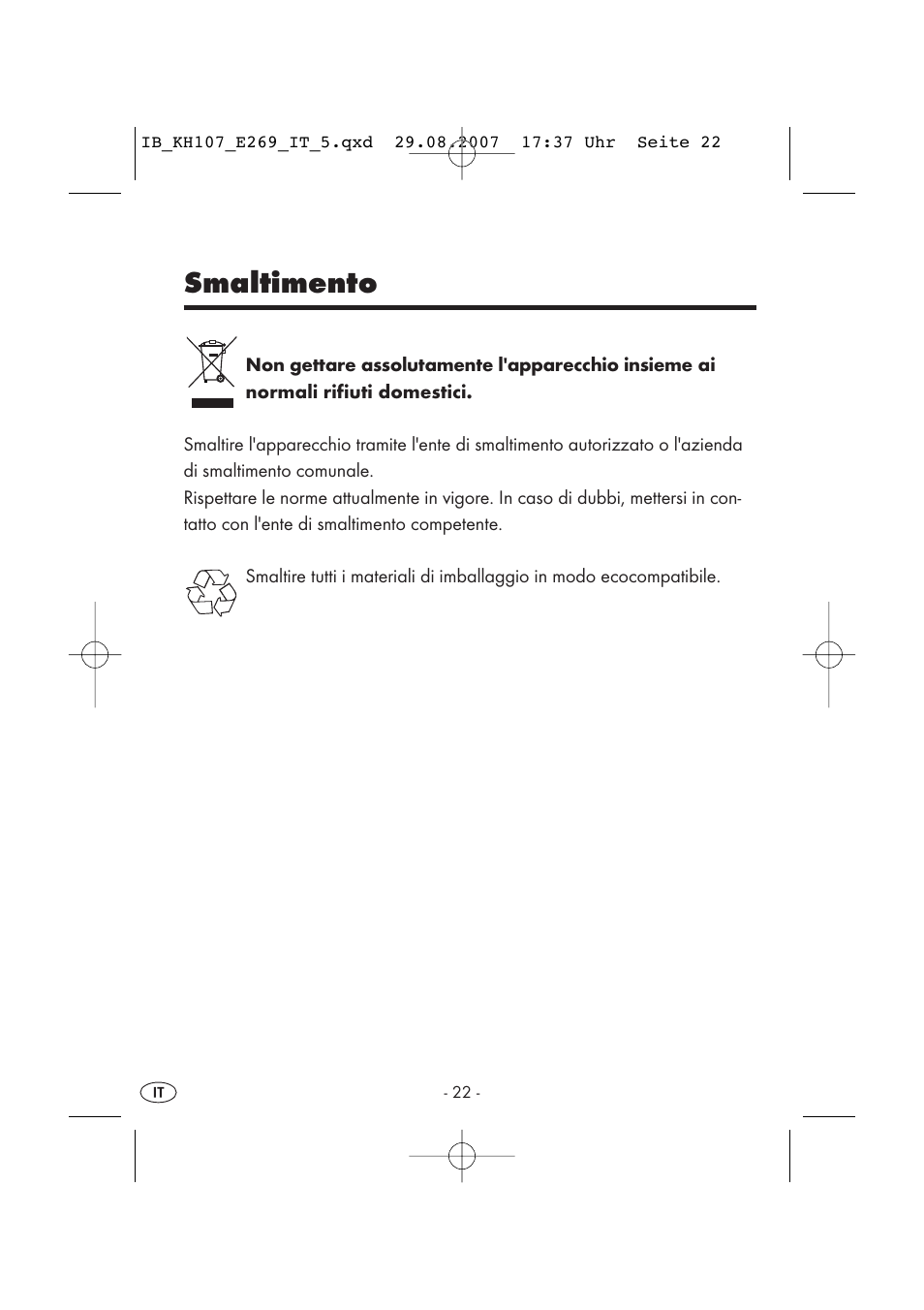 Smaltimento | Kompernass KH 107 User Manual | Page 22 / 52