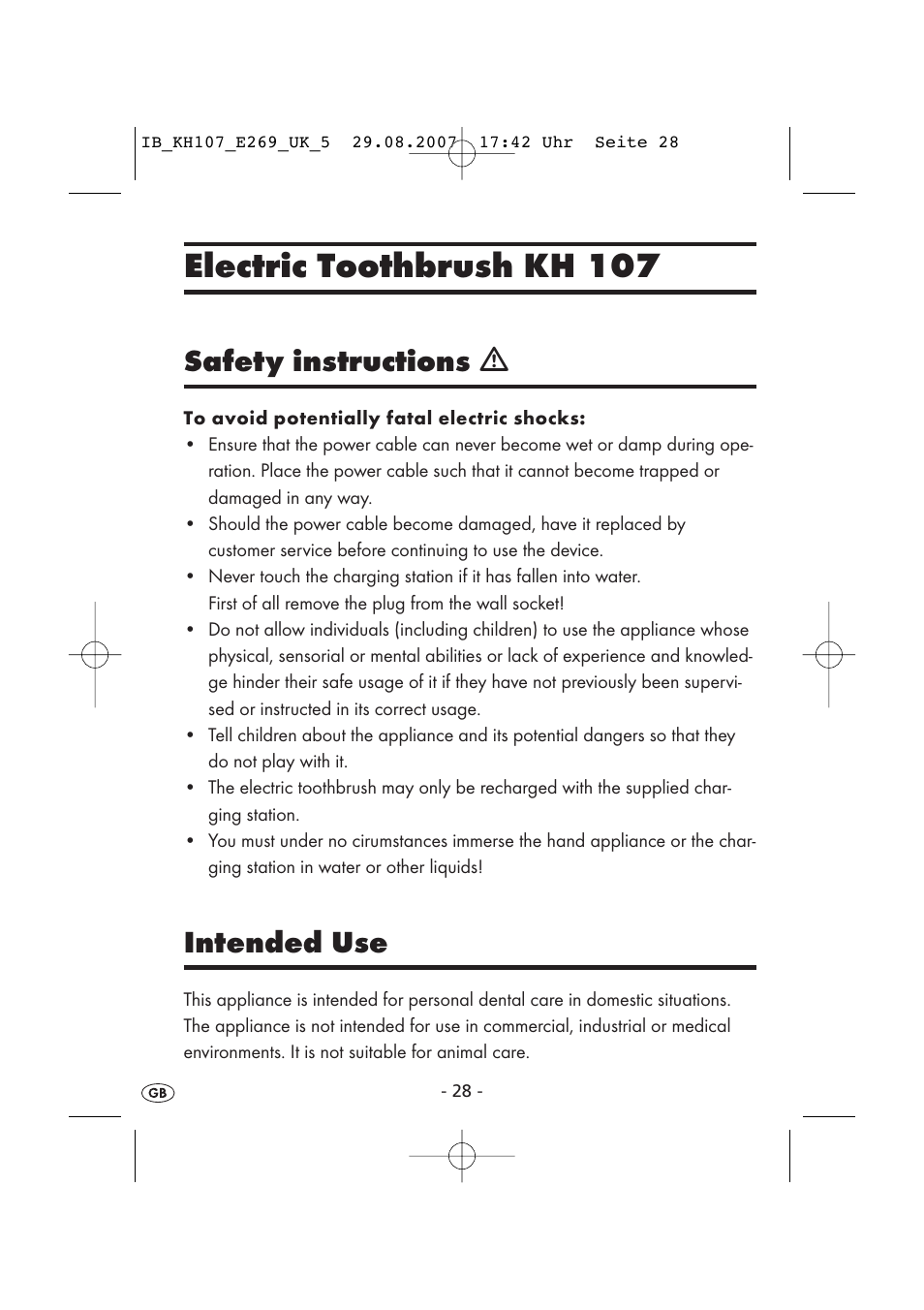 Electric toothbrush kh 107, Safety instructions ƽ, Intended use | Kompernass KH 107 User Manual | Page 28 / 52