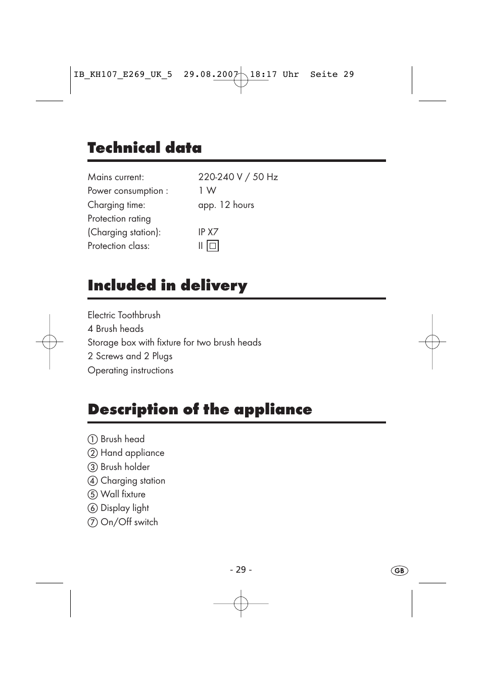 Technical data, Included in delivery, Description of the appliance | Kompernass KH 107 User Manual | Page 29 / 52