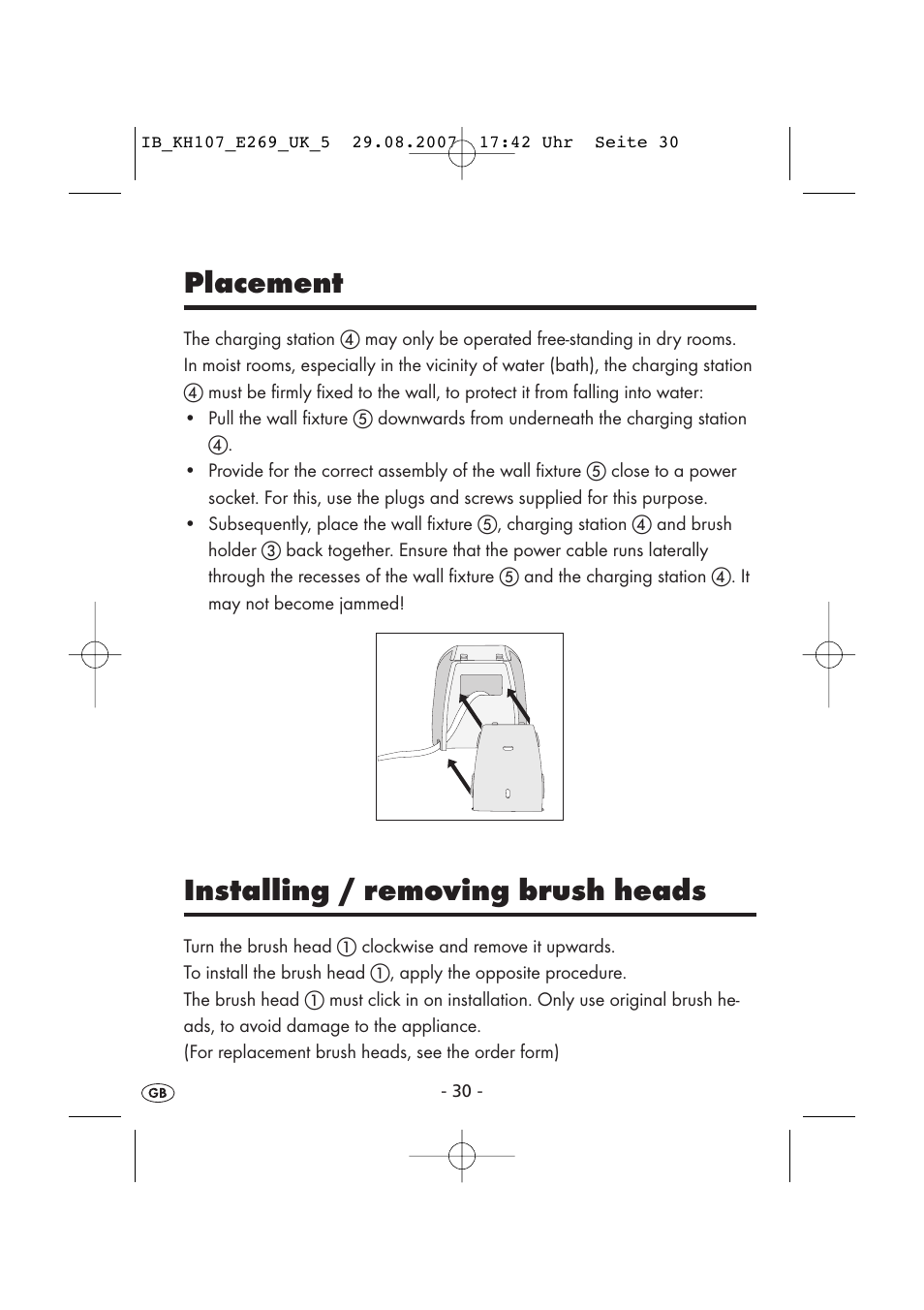 Placement, Installing / removing brush heads | Kompernass KH 107 User Manual | Page 30 / 52