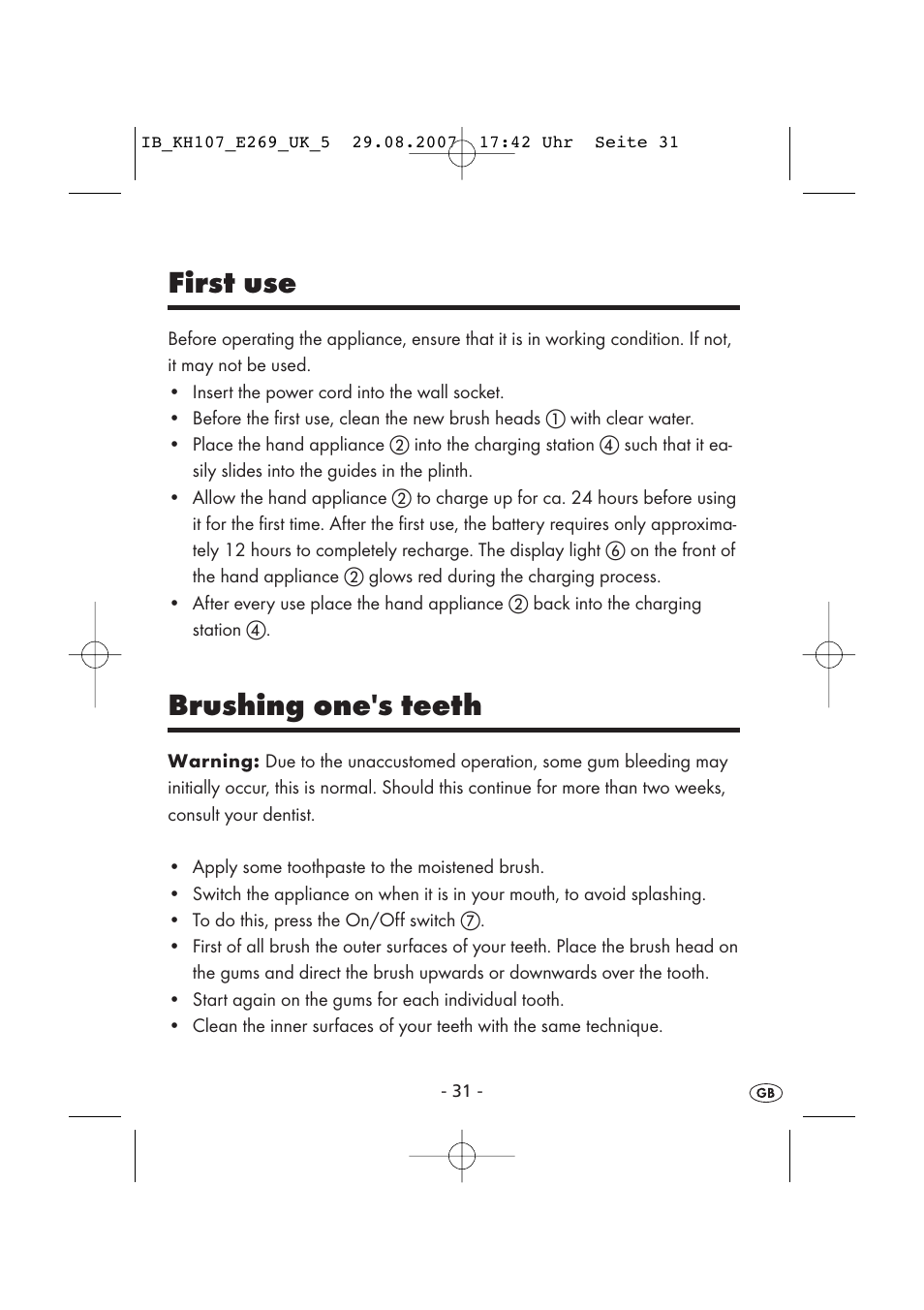 First use, Brushing one's teeth | Kompernass KH 107 User Manual | Page 31 / 52