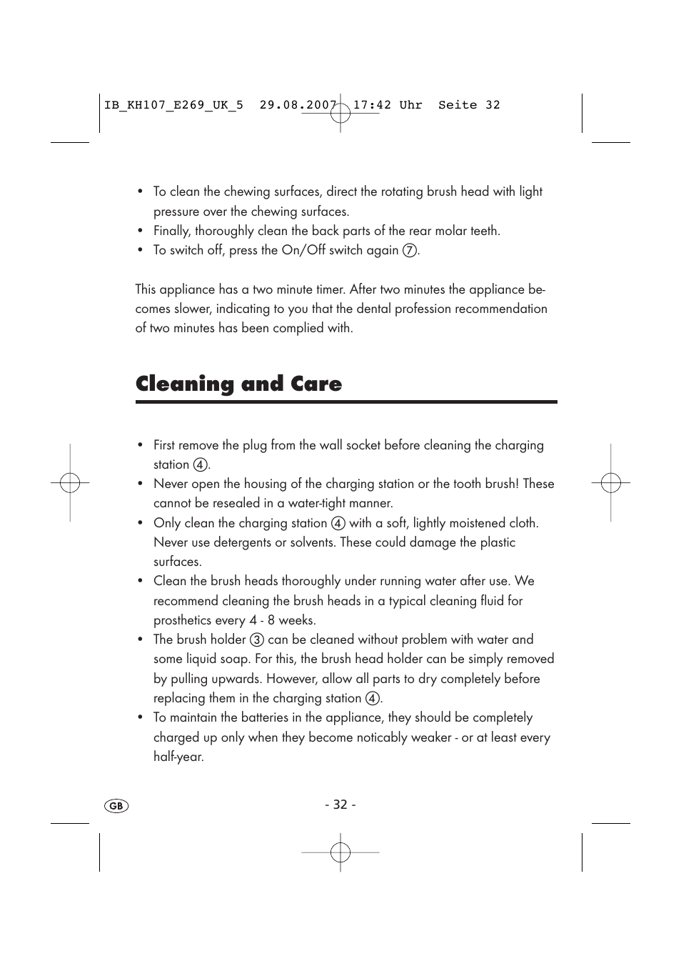 Cleaning and care | Kompernass KH 107 User Manual | Page 32 / 52