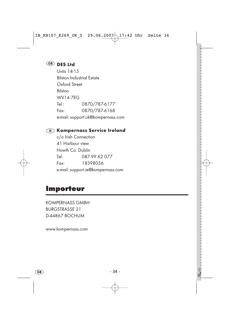 Importeur | Kompernass KH 107 User Manual | Page 34 / 52