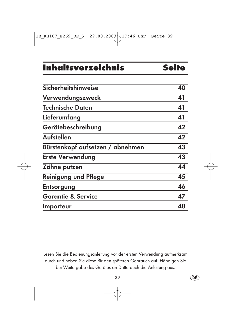Inhaltsverzeichnis seite | Kompernass KH 107 User Manual | Page 39 / 52