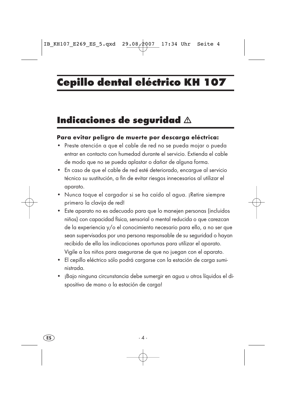 Cepillo dental eléctrico kh 107, Indicaciones de seguridad | Kompernass KH 107 User Manual | Page 4 / 52