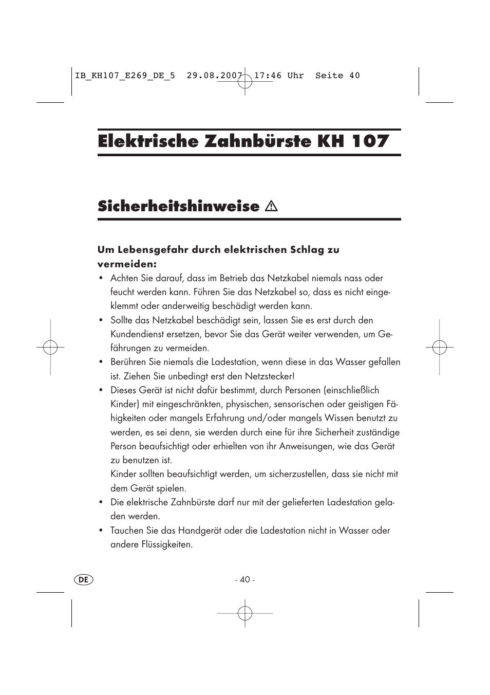 Elektrische zahnbürste kh 107, Sicherheitshinweise | Kompernass KH 107 User Manual | Page 40 / 52