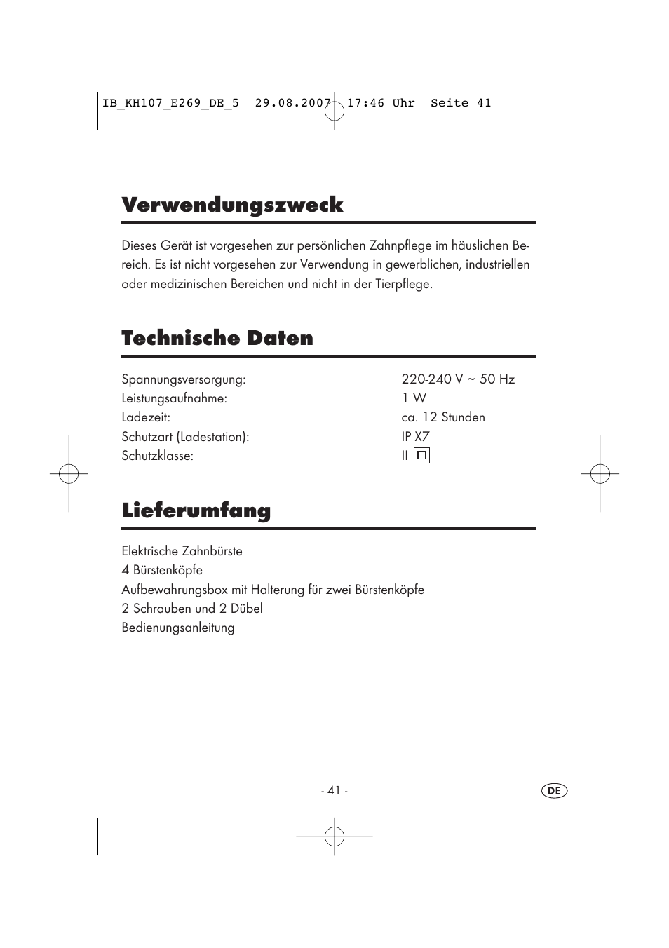 Verwendungszweck, Technische daten, Lieferumfang | Kompernass KH 107 User Manual | Page 41 / 52