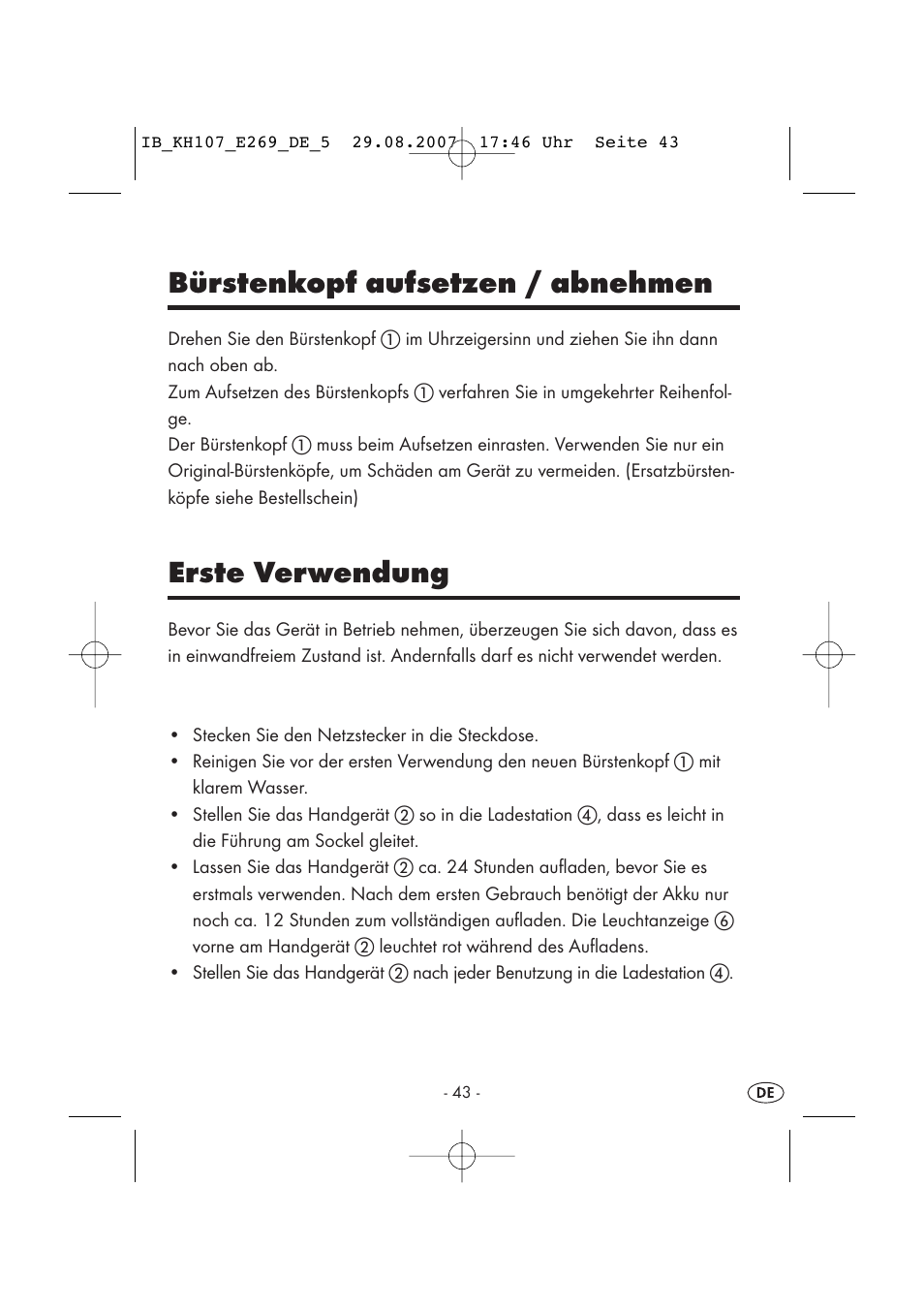 Bürstenkopf aufsetzen / abnehmen, Erste verwendung | Kompernass KH 107 User Manual | Page 43 / 52