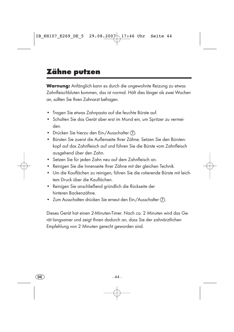 Zähne putzen | Kompernass KH 107 User Manual | Page 44 / 52