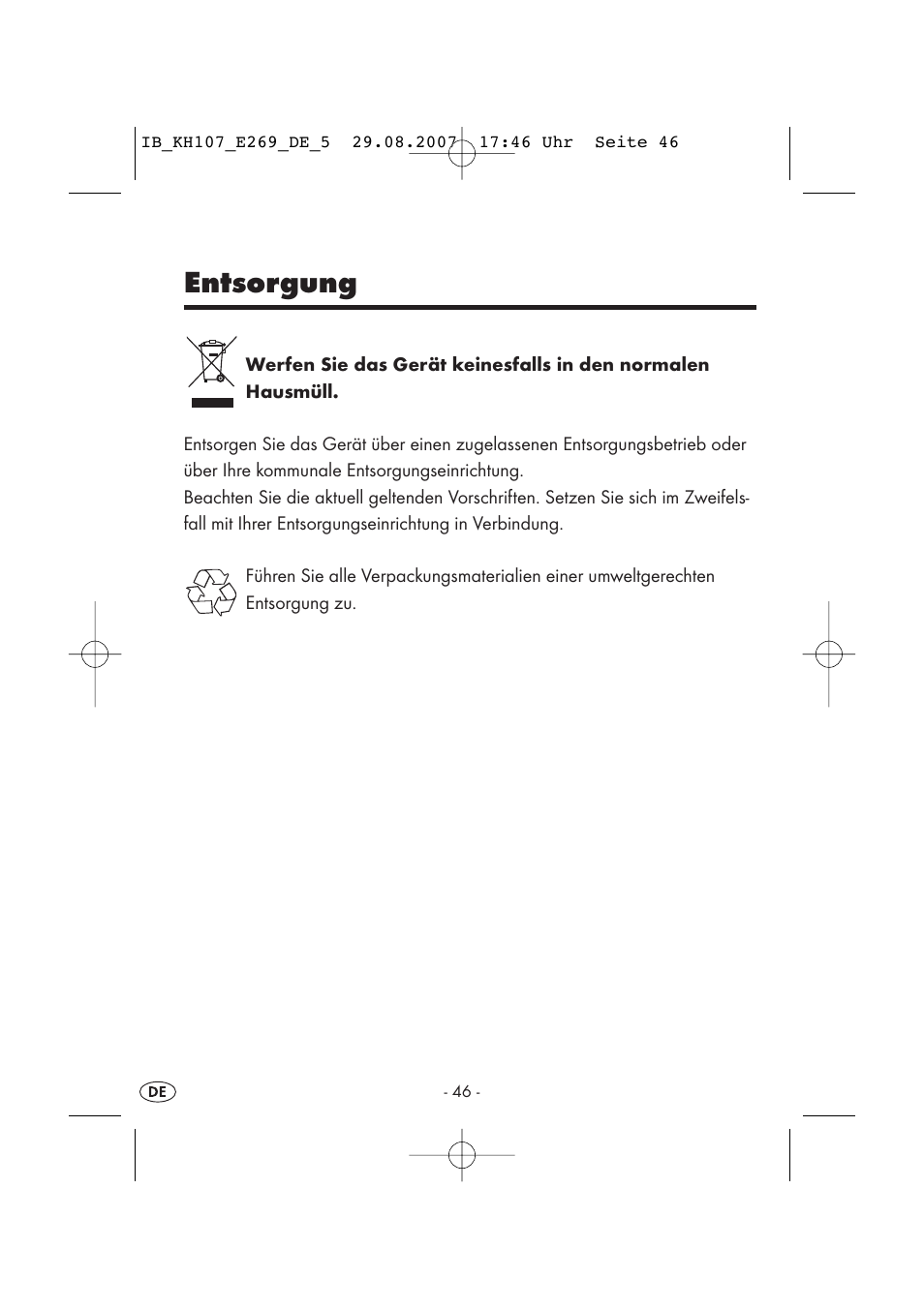 Entsorgung | Kompernass KH 107 User Manual | Page 46 / 52