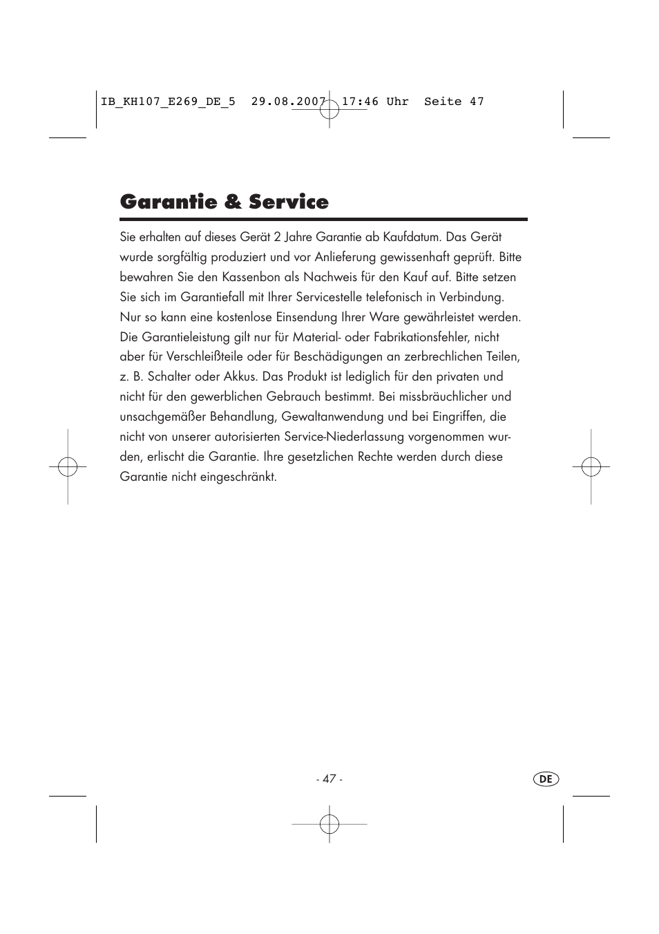 Garantie & service | Kompernass KH 107 User Manual | Page 47 / 52