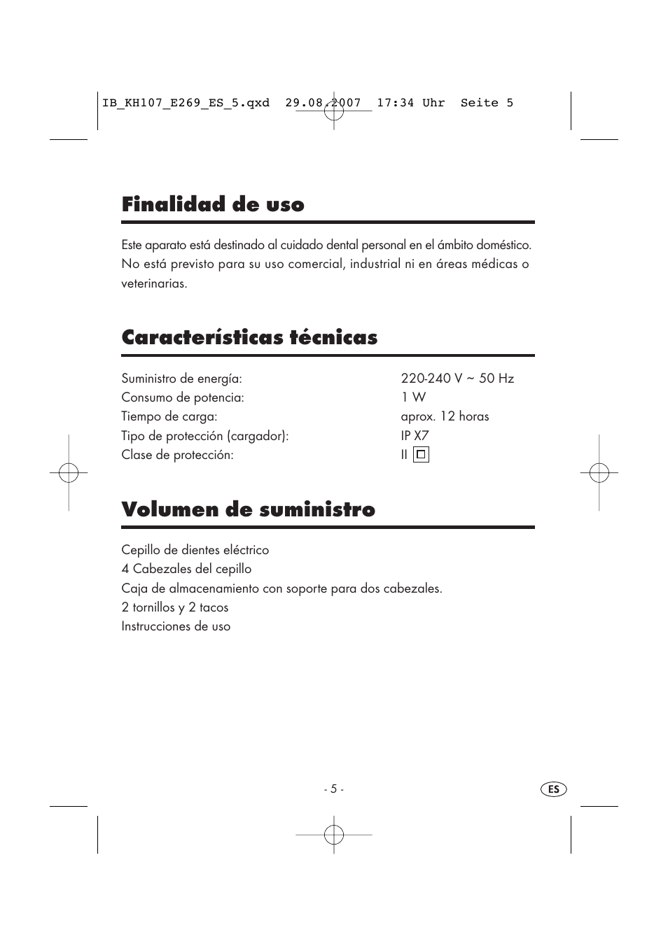 Finalidad de uso, Características técnicas, Volumen de suministro | Kompernass KH 107 User Manual | Page 5 / 52