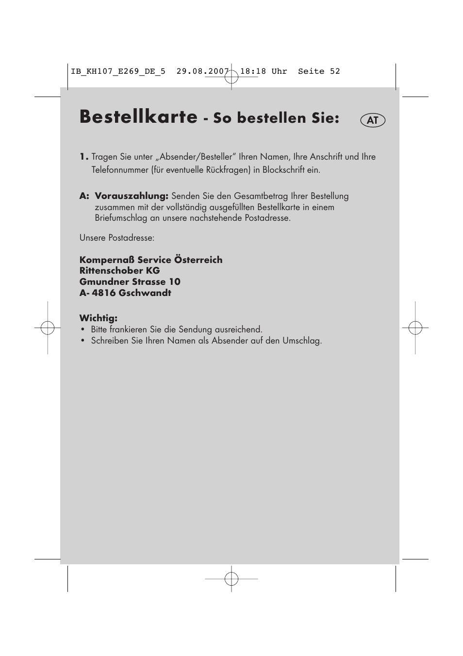 Bestellkarte, So bestellen sie | Kompernass KH 107 User Manual | Page 52 / 52